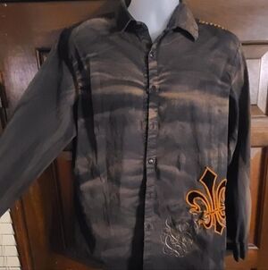 Men's Black Button-Down Shirt with Orange Fleur-de-Lis Accent
